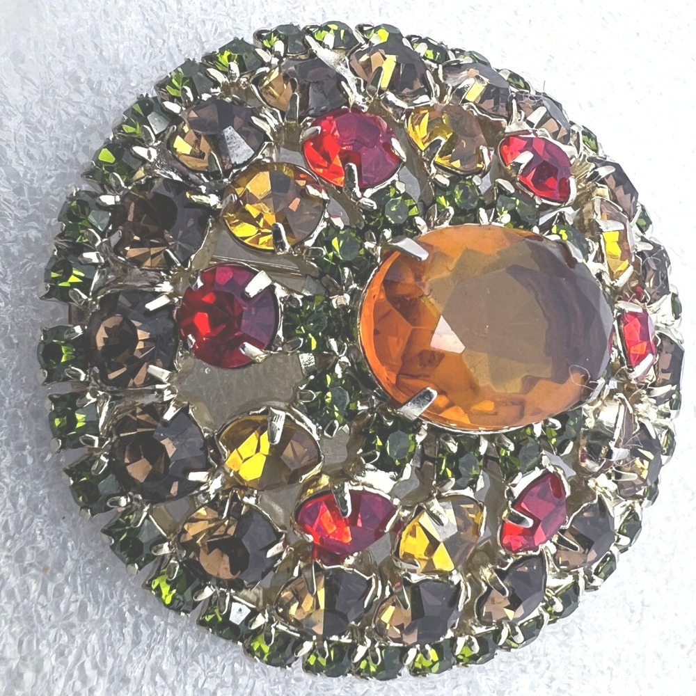 Glass Rhinestone Domed Brooch Prong Set Gold Tone Orange Gold Yellow Green Brown
